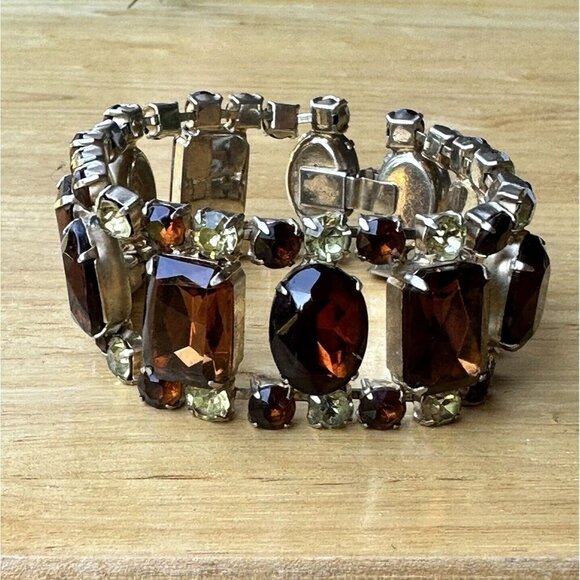 Vintage Link Bracelet Size 7 Amber Yellow Rhinestones‎ Crystal Glass Gold Plated - Picture 2 of 8